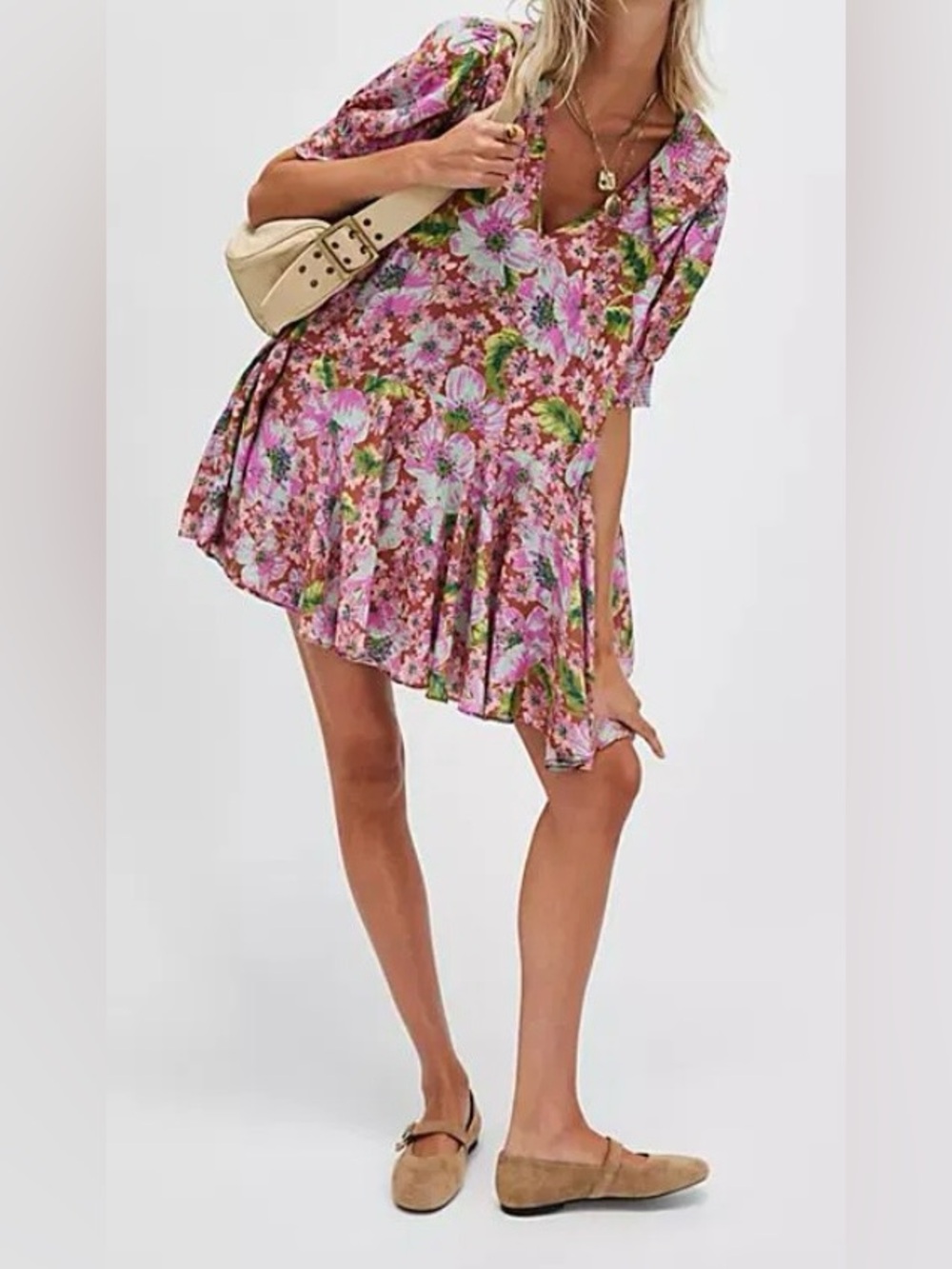 Free People Moon Chaser Collar Neckline Drop Waist Floral Print Mini Dress Sz S